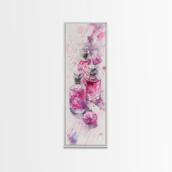 Perfume Bottles Canvas Print - Elegant Pink Abstract Art, Feminine Glass Bottles Artwork, Gift Idea for Her, Bedroom Wall Decor