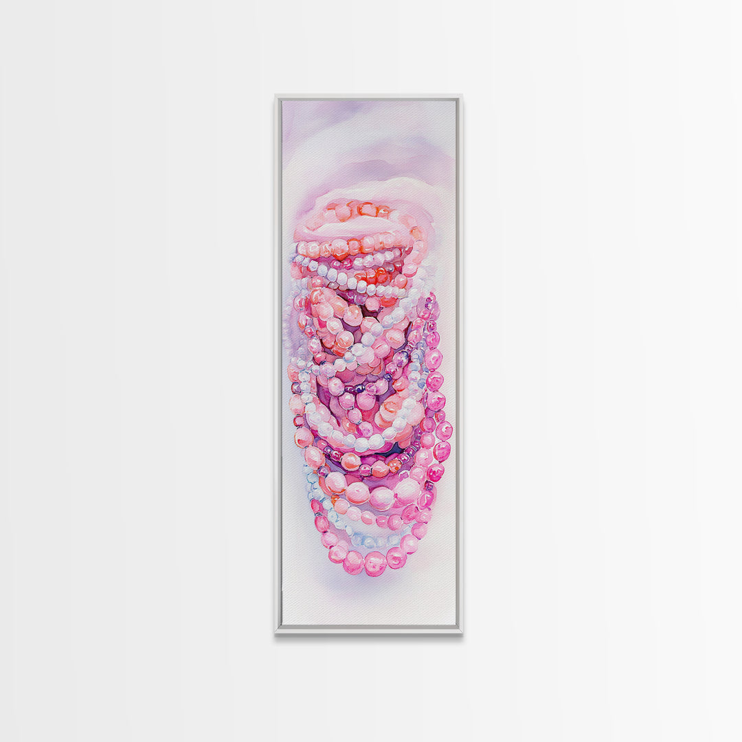 Pastel Beads Canvas Print - Whimsical Tall Narrow Art, Pink Pearl Inspired Jewelry Painting, Vertical Art for Boho Bedroom