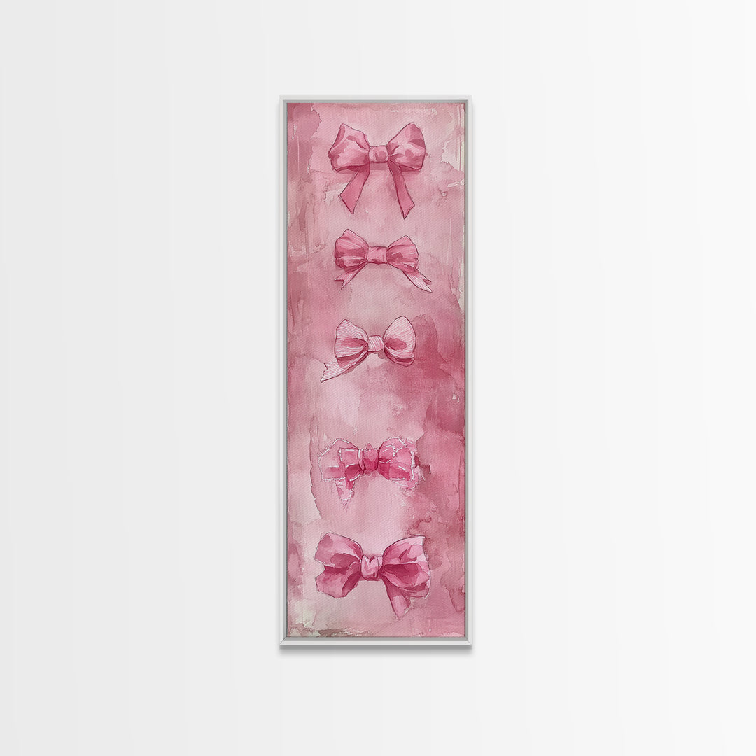 Pink Bows Framed Canvas Print Whimsical Art Light Pink Wall Art Long Narrow Wall Art Tall Skinny Art Dorm Decor Gift Idea