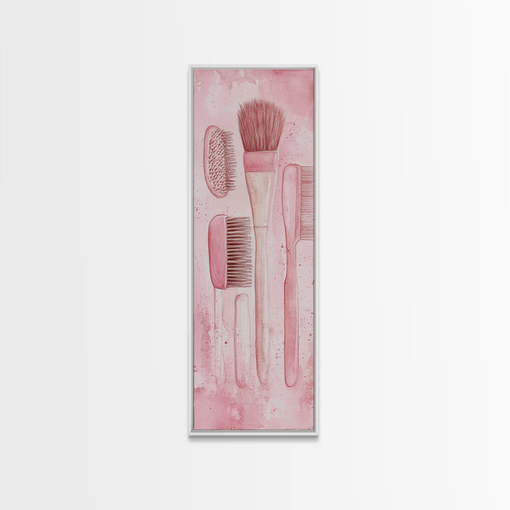 Hairbrushes And Combs Framed Canvas Print Light Pink Wall Art Minimalist Art Long Narrow Wall Art Tall Skinny Art Gift Idea