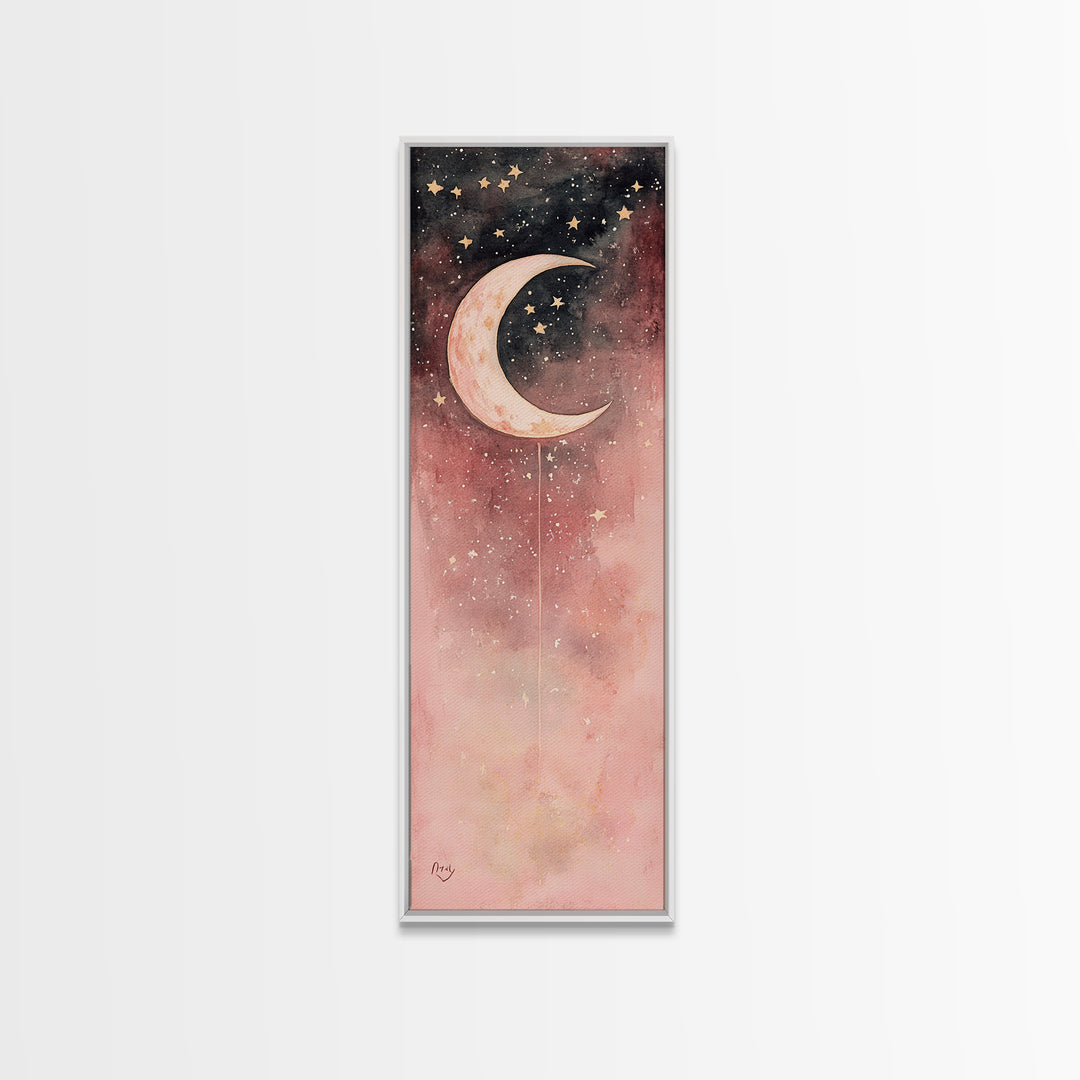 Crescent Moon Canvas Print Starry Night Pink Abstract Vertical Wall Art Zen Room Decor Dreamy Boho Gift Idea
