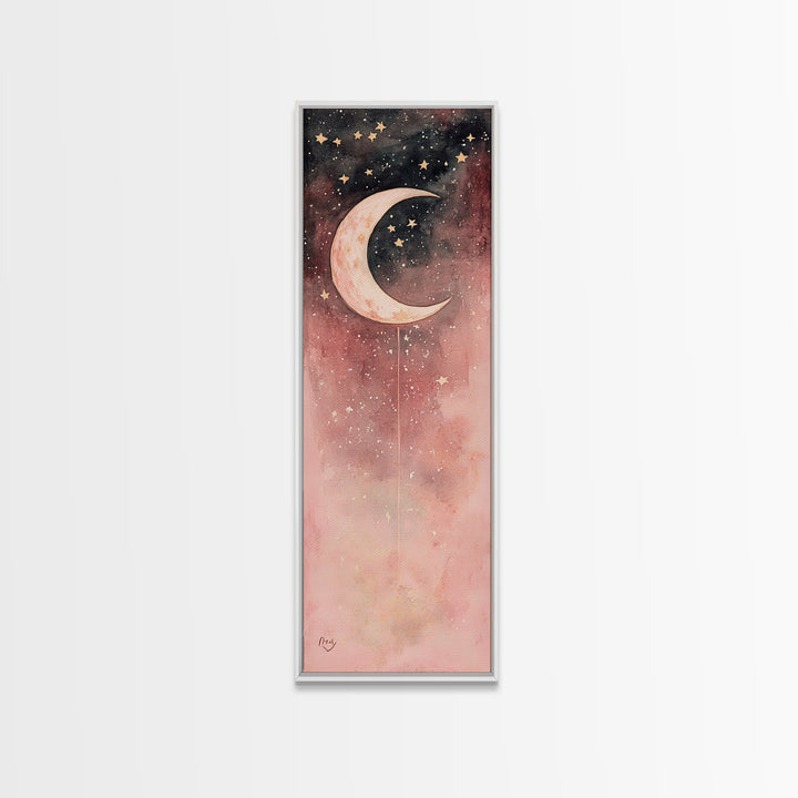 Crescent Moon Canvas Print Starry Night Pink Abstract Vertical Wall Art Zen Room Decor Dreamy Boho Gift Idea