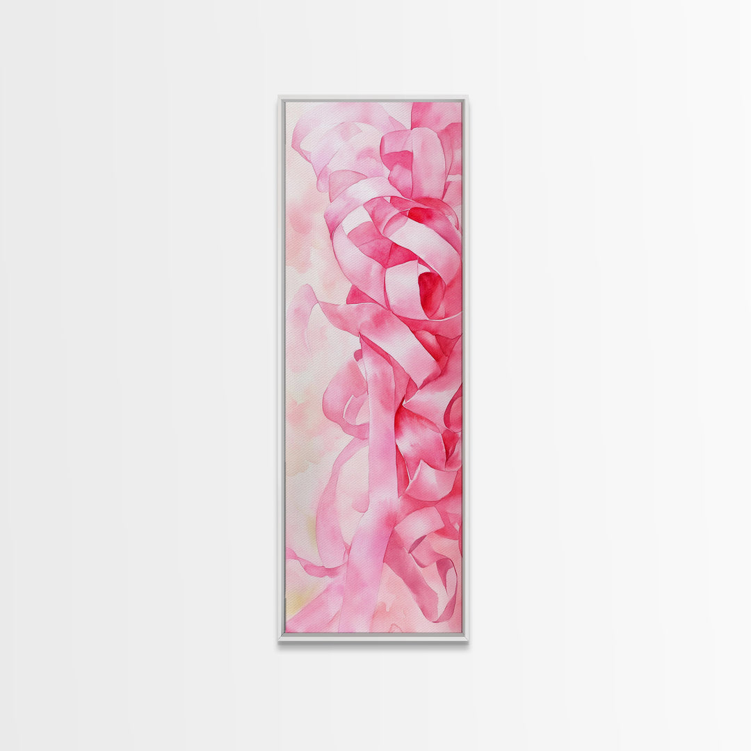 Pink Ribbons Canvas Print Abstract Feminine Wall Art Whimsical Vertical Decor Skinny Boho Gift Idea Light Pink Aesthetic
