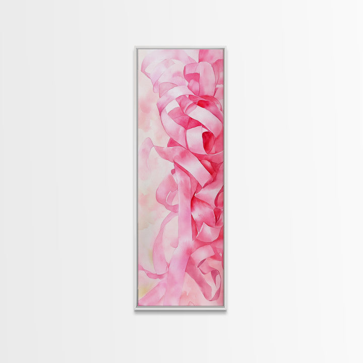 Pink Ribbons Canvas Print Abstract Feminine Wall Art Whimsical Vertical Decor Skinny Boho Gift Idea Light Pink Aesthetic
