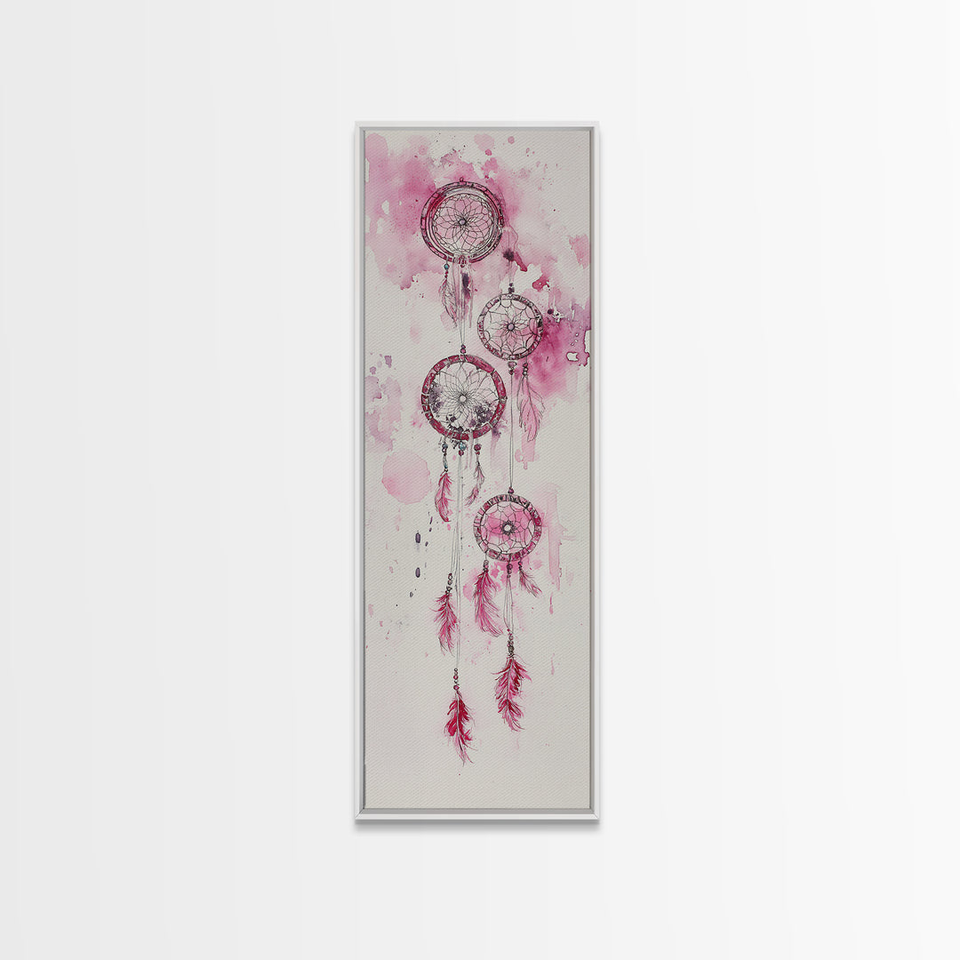Dreamcatcher Pink Feathers Framed Canvas Print Boho Wall Art Minimalist Long Narrow Art Bedroom Decor Vertical Dorm Wall Art