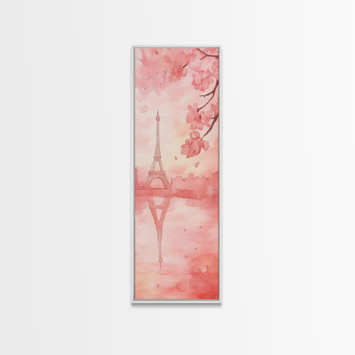 Eiffel Tower Reflection Pink Cherry Blossom Canvas Print Paris Wall Art Romantic Landscape Long Narrow Above Bed Vertical Art