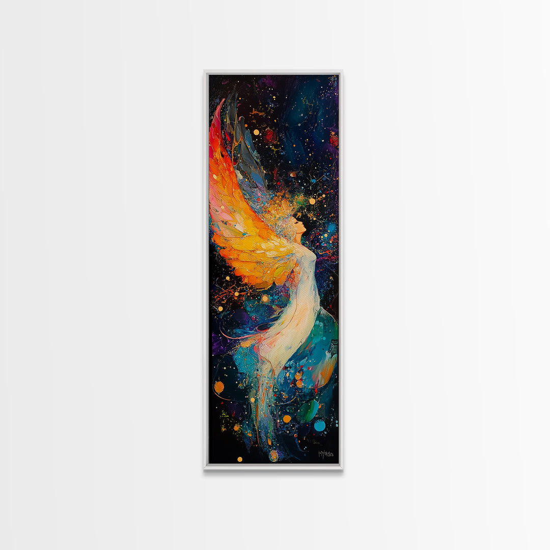 Abstract Angel Framed Canvas Print with Vibrant Colors, Phoenix Metal Art, Long Narrow Wall Art, Living Room Art, Vertical Wall Art