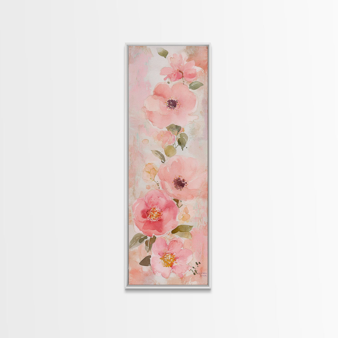 Delicate Floral Wildflower Framed Canvas Print Light Pink Botanical Prints Vertical Wall Art Tall Narrow Art Rustic Living Room Art