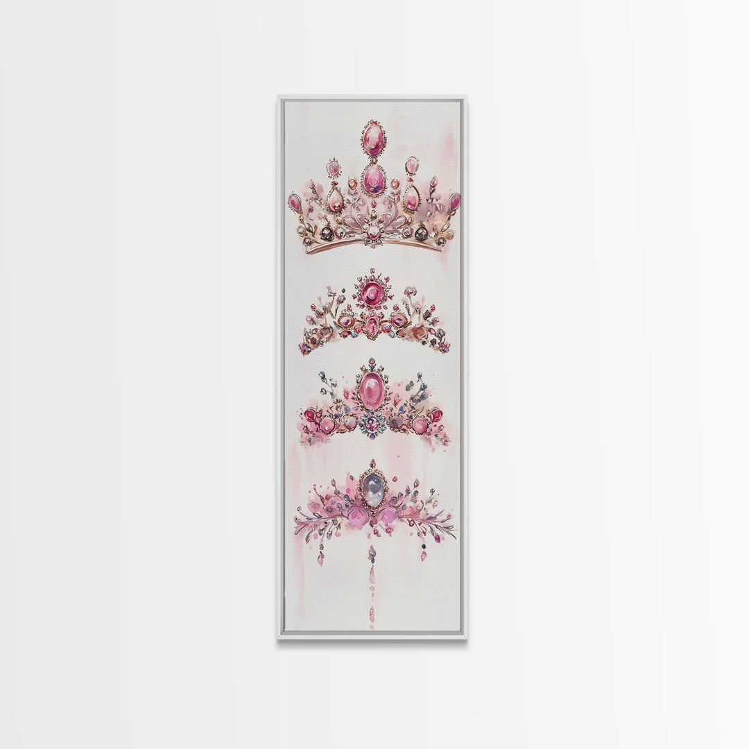 Royal Pink Tiara Framed Canvas Print Princess Gemstone Painting Feminine Wabi Sabi Art Vertical Wall Art Elegant Home Decor