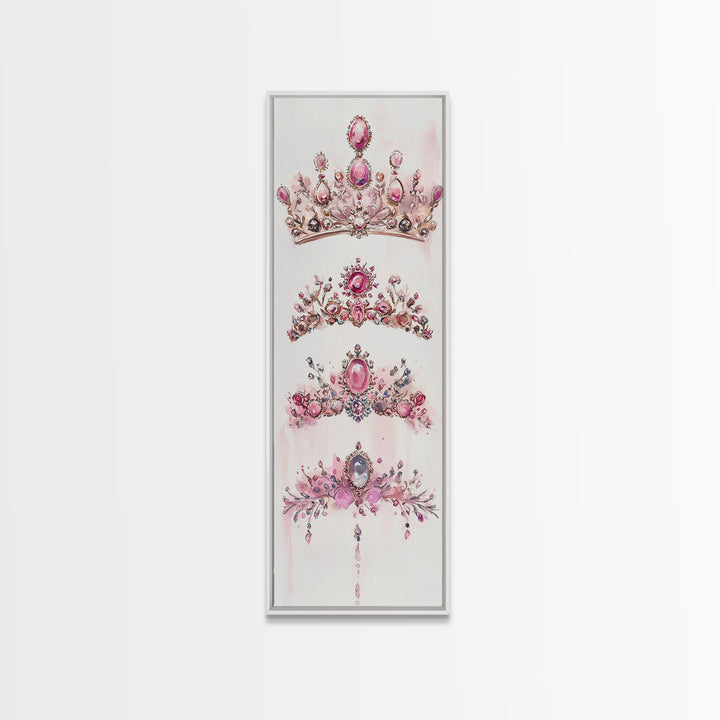 Royal Pink Tiara Framed Canvas Print Princess Gemstone Painting Feminine Wabi Sabi Art Vertical Wall Art Elegant Home Decor