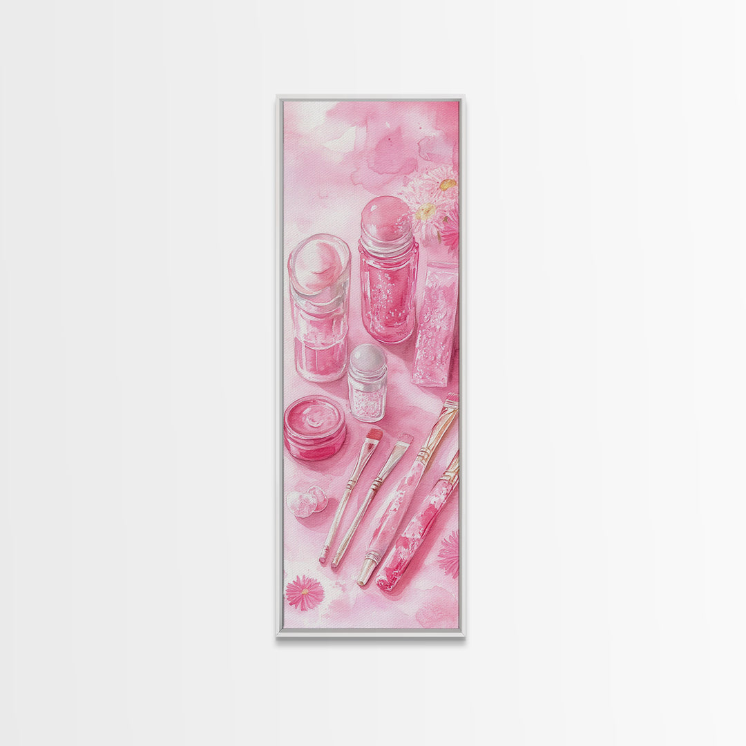 Pastel Pink Beauty Tools Canvas Print Feminine Wall Art Light Pink Bathroom Decor Makeup Lover Rustic Vertical Artwork Girly