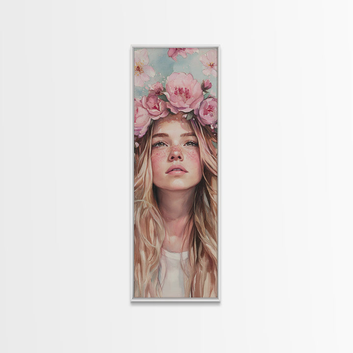 Floral Goddess Portrait Canvas Print Cherry Blossom Painting Feminine Art Bedroom Decor Light Pink Vertical Artwork Boho