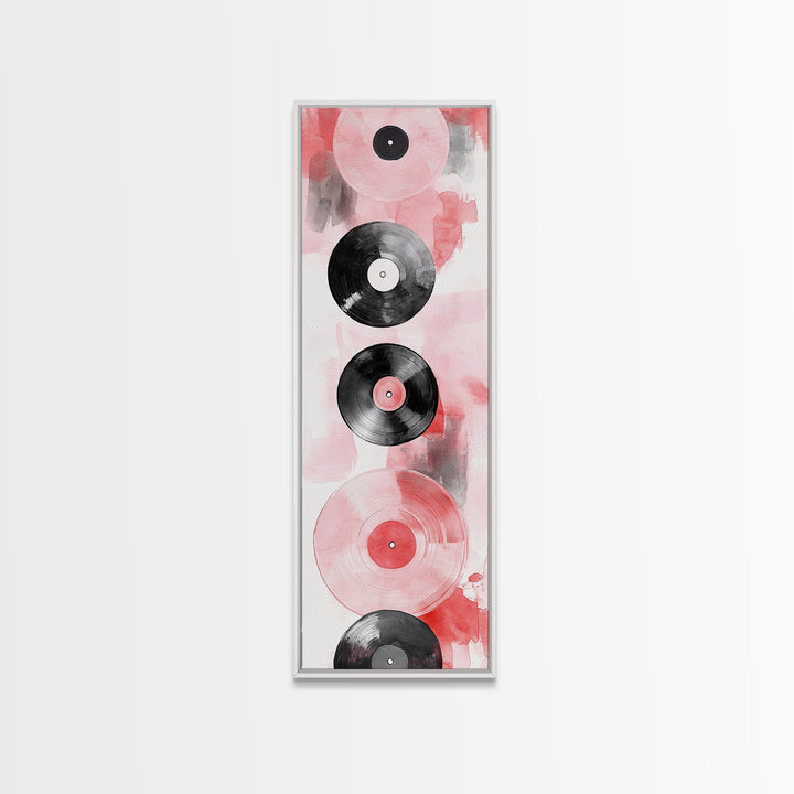 Abstract Vinyl Records Canvas Print, Retro Music Lover Wall Art, Light Pink Minimalist Art, Vertical Skinny Living Room Decor