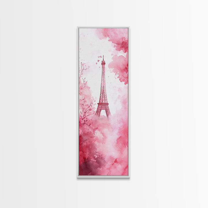 Eiffel Tower Painting Framed Canvas Print Romantic Parisian Wall Art Light Pink Decor Vertical Artwork Whimsical Home Accent Art