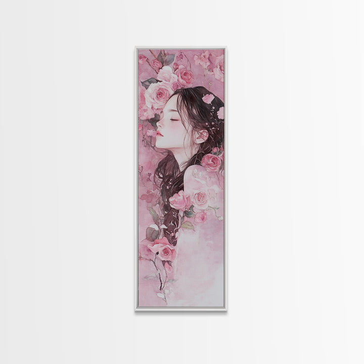 Romantic Rose Girl Painting Framed Canvas Print Pink Wall Art Bedroom Decor Feminine Rose Painting Above Bed Artwork Gift Idea