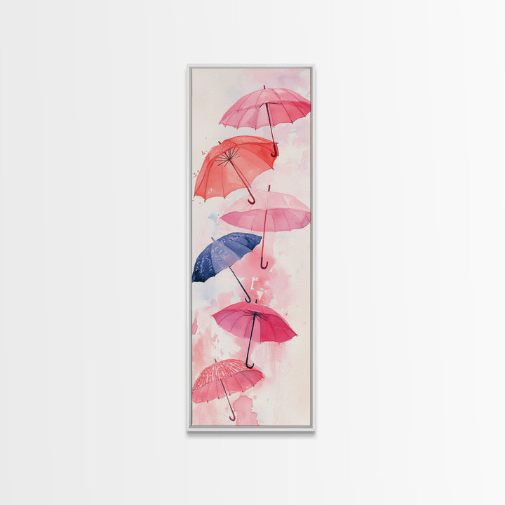 Vibrant Umbrellas Framed Canvas Print in Pink Orange Wall Art Style Perfect Whimsical Vertical Art for Dorm or Playful Decor