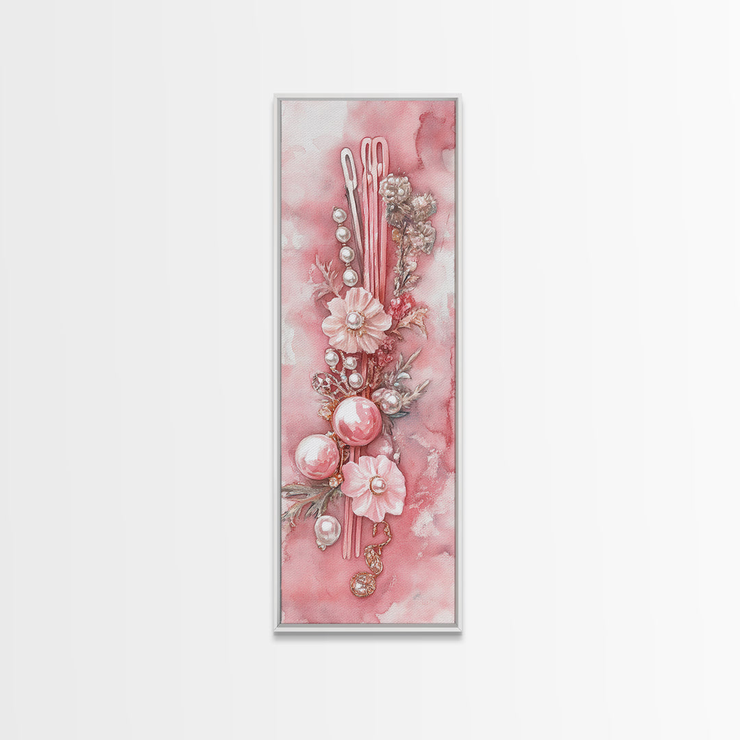 Elegant Pink Pearl Hair Accessories Framed Canvas Print with Whimsical Art Touch for Feminine and Minimalist Decor
