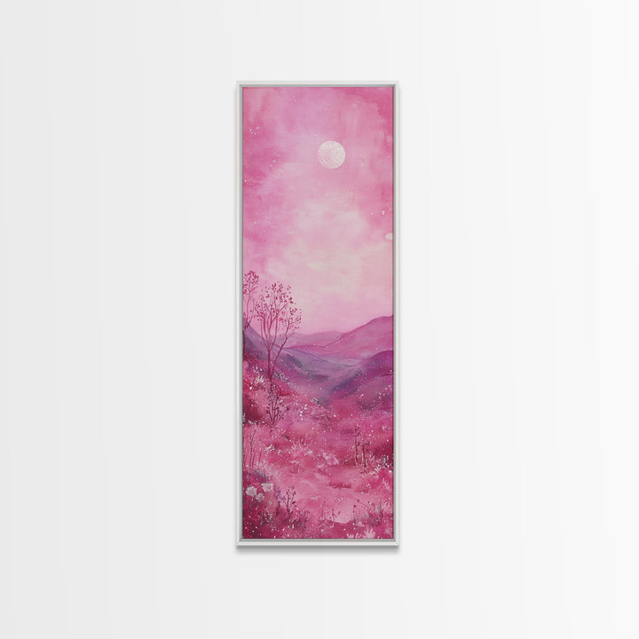 Mystical Pink Moon Framed Canvas Print with Wildflower and Mountain Painting Perfect Moody Landscape Art for Living Room