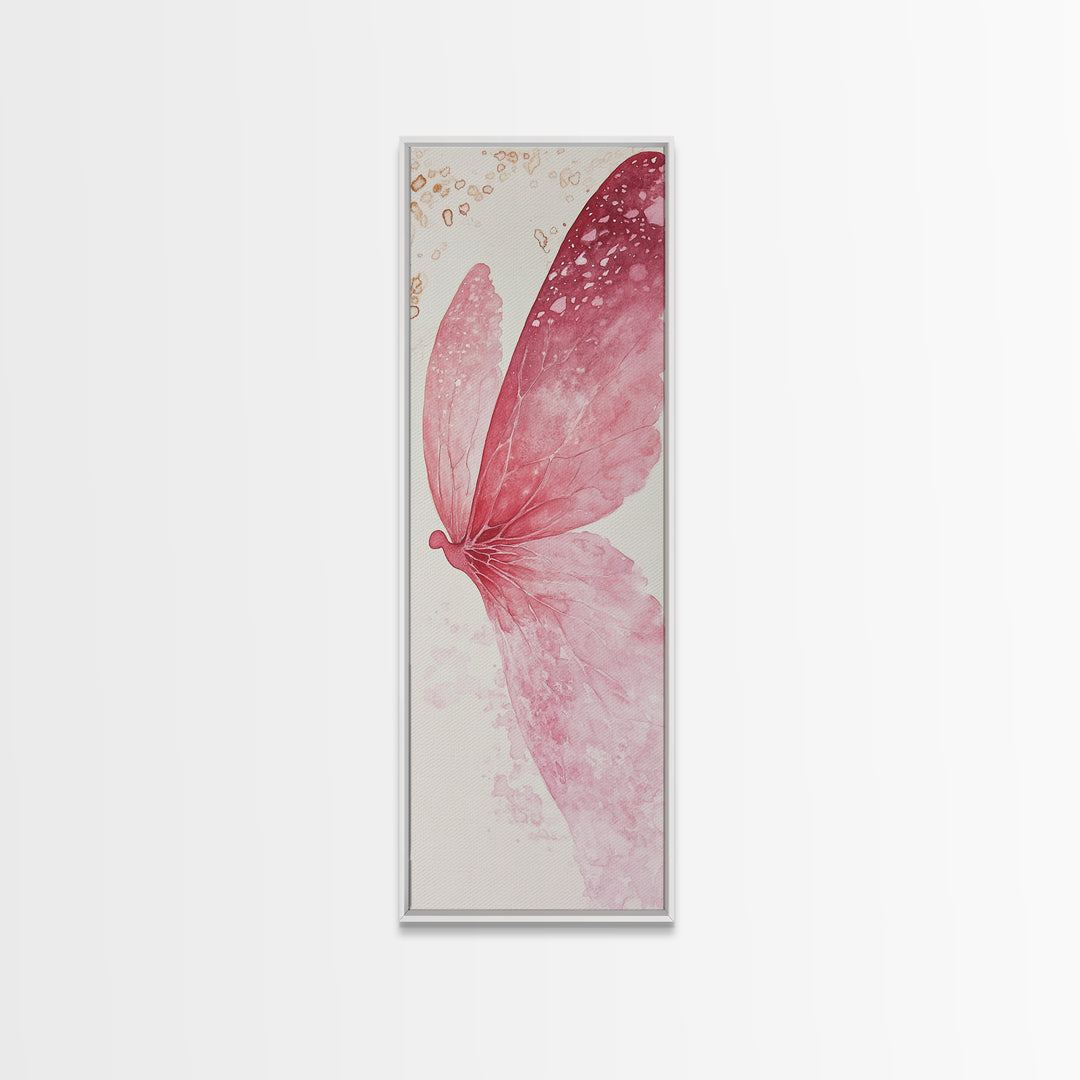 Pink Butterfly Whimsical Art Framed Canvas Print, Cherry Blossom Painting with Light Pink Abstract Style, Minimalist Vertical Wall Art