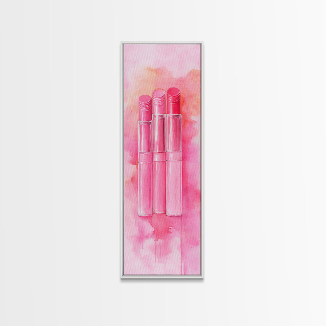 Light Pink Lipsticks Framed Canvas Print, Modern Whimsical Art, Abstract Vertical Art for Makeup Room or Girly Dorm Wall Decor