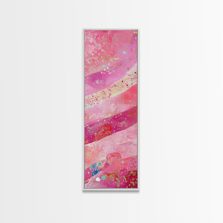 Pink and Gold Abstract Canvas Print, Whimsical Blotter Art with Metallic Accents, Vibrant Vertical Art for Bright and Creative Spaces