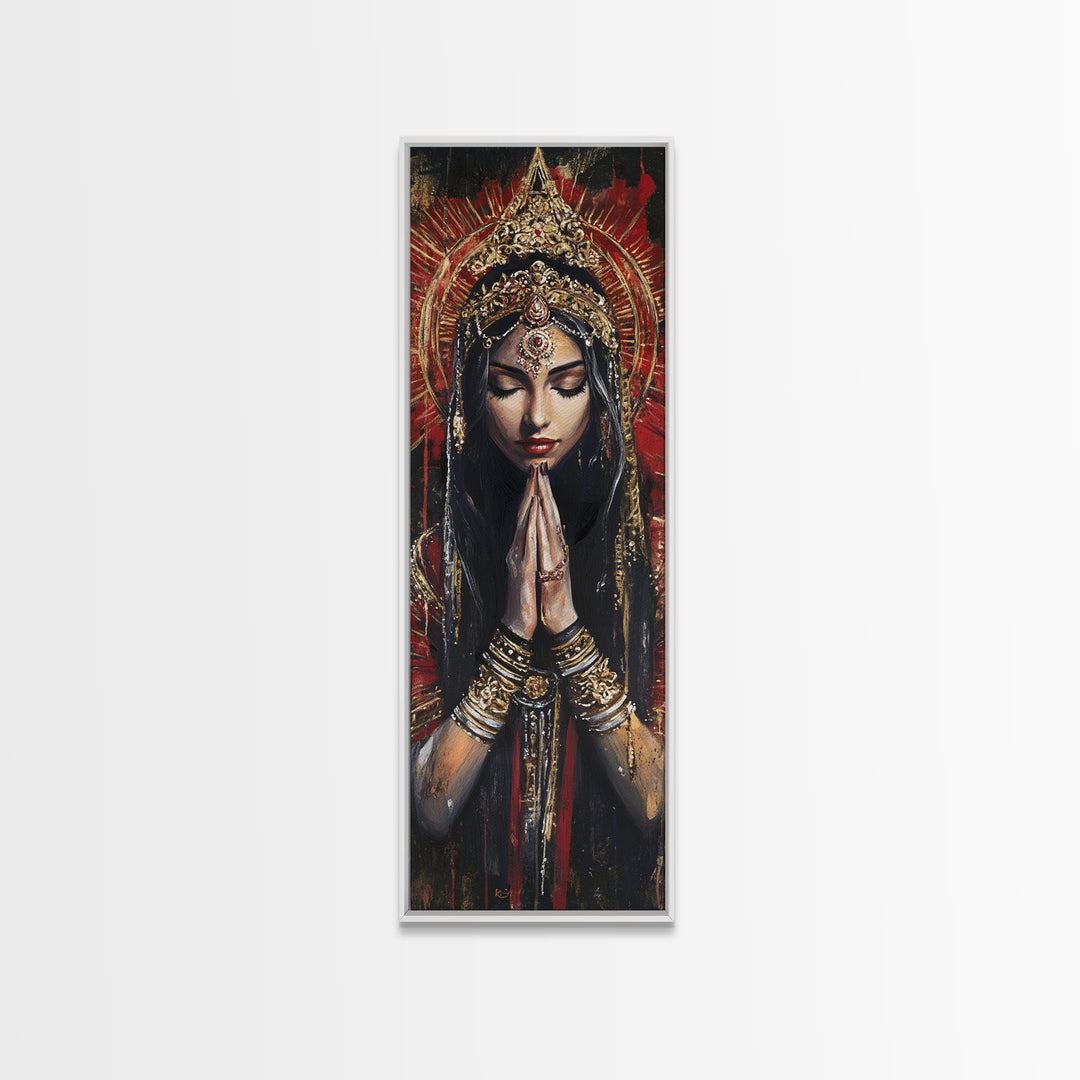 Goddess Prayer Painting Framed Canvas Print, Kerala Mural Art with Rich Red and Gold, Dark Angels Wall Art for Boho Bedroom Decor