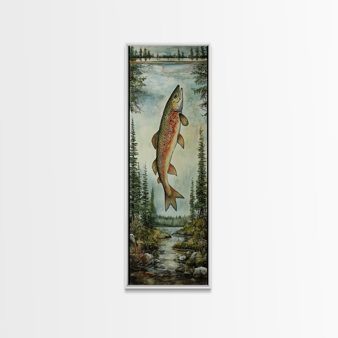 Trout In Mountain Scene Framed Canvas Print Rustic Landscape Art Fly Fishing Wall Art Skinny Wall Art Tall Vertical Decor