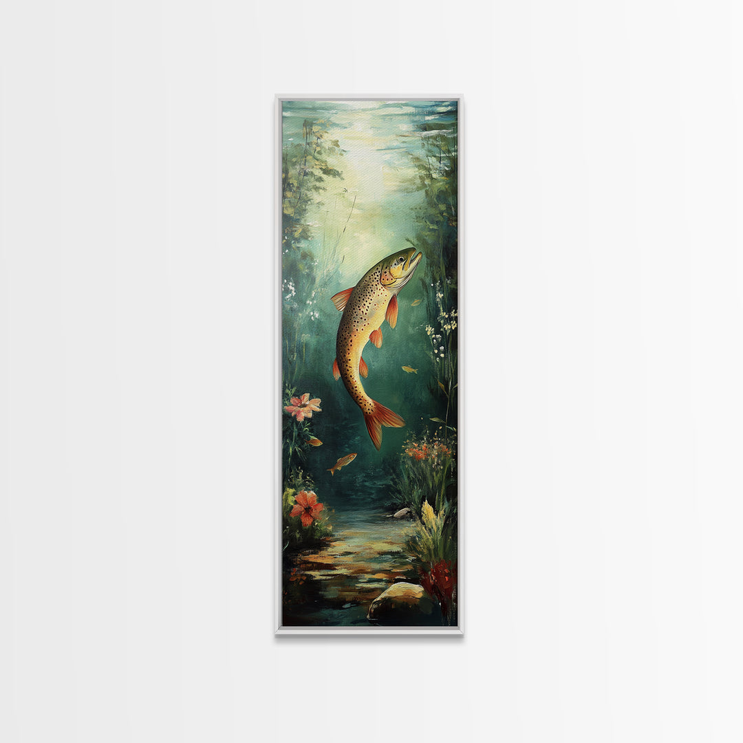 Underwater Trout Scene Canvas Print Rustic Wall Art Fly Fishing Art Wildflower Painting Skinny Art Vertical Rustic Decor