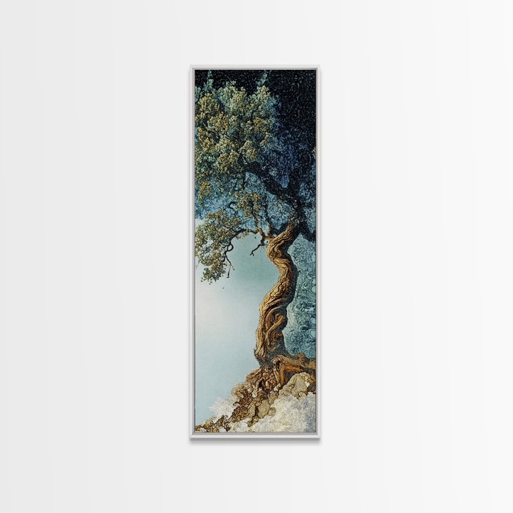 Detailed Oak Tree Framed Canvas Print in Textured Earth Tones, Tall Narrow Wall Art for Living Room or Bedroom Rustic Decor