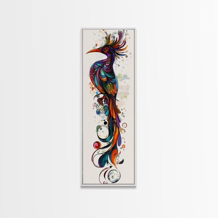 Vibrant Peacock Art Canvas Print with Boho Decor Elements and Colorful Whimsical Art, Perfect Vertical Wall Art Gift Idea