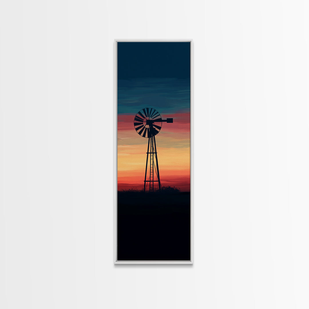Canvas Print Moody Sunset Windmill Wall Art, Vertical Rustic Decor, Tall Narrow Farmhouse Artwork, Gift Idea for Living Room