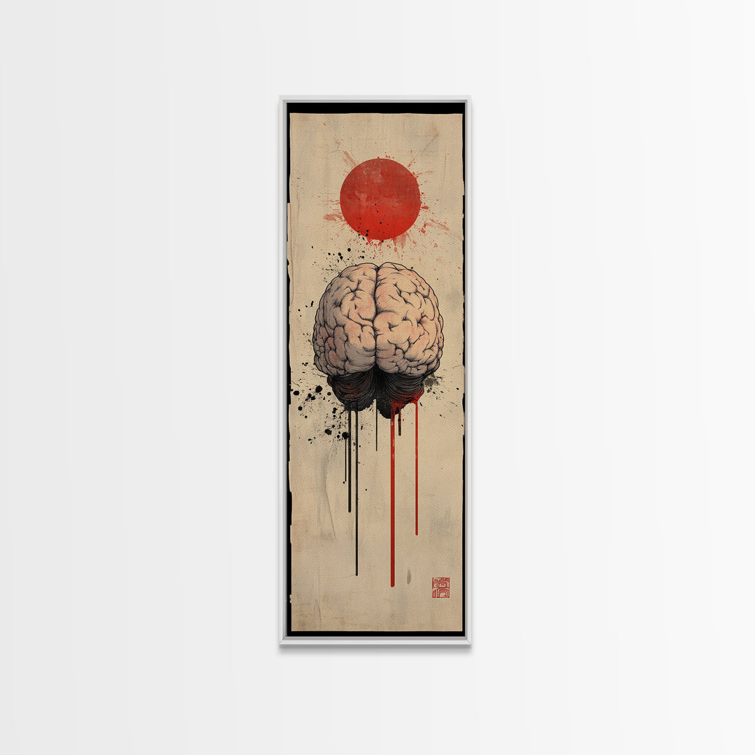 Red Sun Brain Framed Canvas Print, Abstract Science Wall Art, Moody Therapy Artwork, Vertical Wabi Sabi Decor, Living Room Art