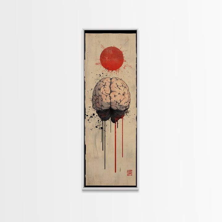 Red Sun Brain Framed Canvas Print, Abstract Science Wall Art, Moody Therapy Artwork, Vertical Wabi Sabi Decor, Living Room Art