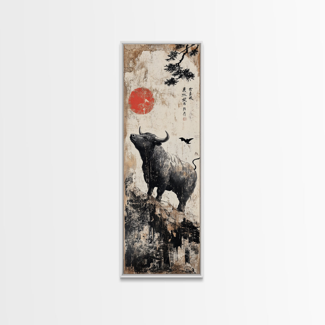 Rustic Buffalo Art Canvas Print, Wabi Sabi Minimalist Decor, Red Sun Vertical Art, Farmhouse Living Room Rustic Wall Artwork