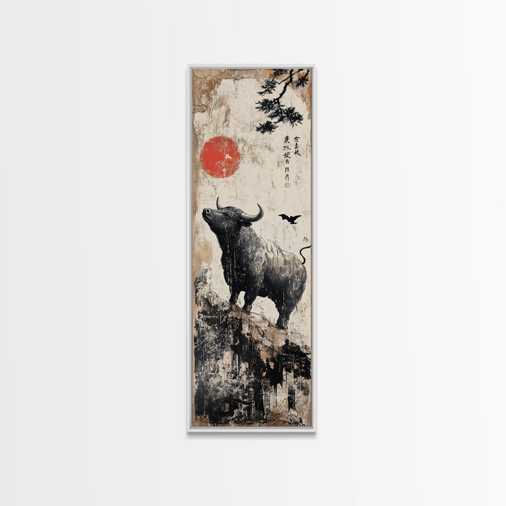 Rustic Buffalo Art Canvas Print, Wabi Sabi Minimalist Decor, Red Sun Vertical Art, Farmhouse Living Room Rustic Wall Artwork