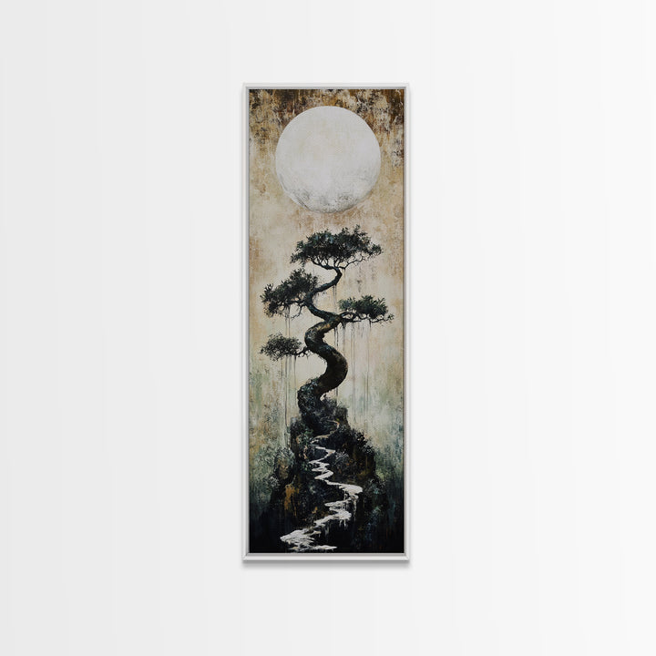 Mystical Moon and Bonsai Canvas Print Zen Wall Art Serene Wabi Sabi Decor Minimalist Nature Artwork Vertical Framed Artwork