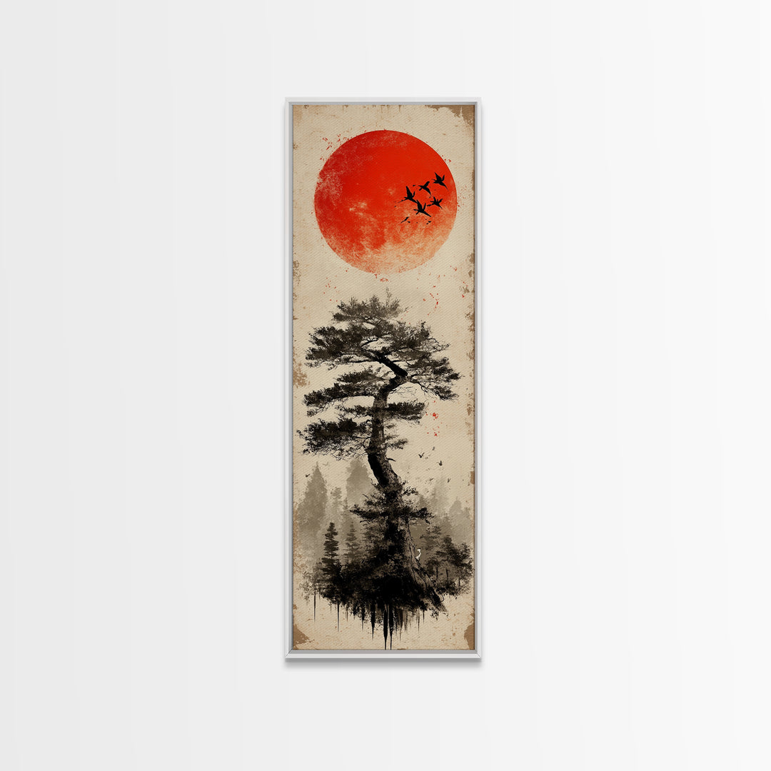 Bold Red Sun Pine Tree Framed Canvas Print Japanese Inspired Minimalist Wall Art Rustic Zen Decor Unique Vertical Nature Artwork