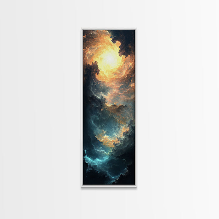 Celestial Abstract Landscape Framed Canvas Print Moody Horizontal Wall Art Blue and Gold Living Room or Bedroom Decor