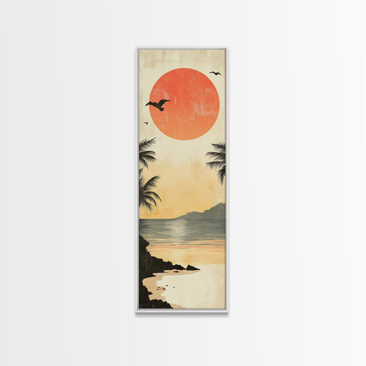 Seagulls At Sunset Beach Framed Canvas Print | Coastal Wall Art | Tropical Landscape Art | Nautical Painting | Living Room Decor