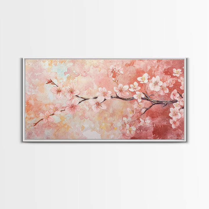 Cherry Blossom Painting Framed Canvas Print, Light Pink Wall Art Living Room Decor, Horizontal Wall Art Rustic Art Gift Idea for Her