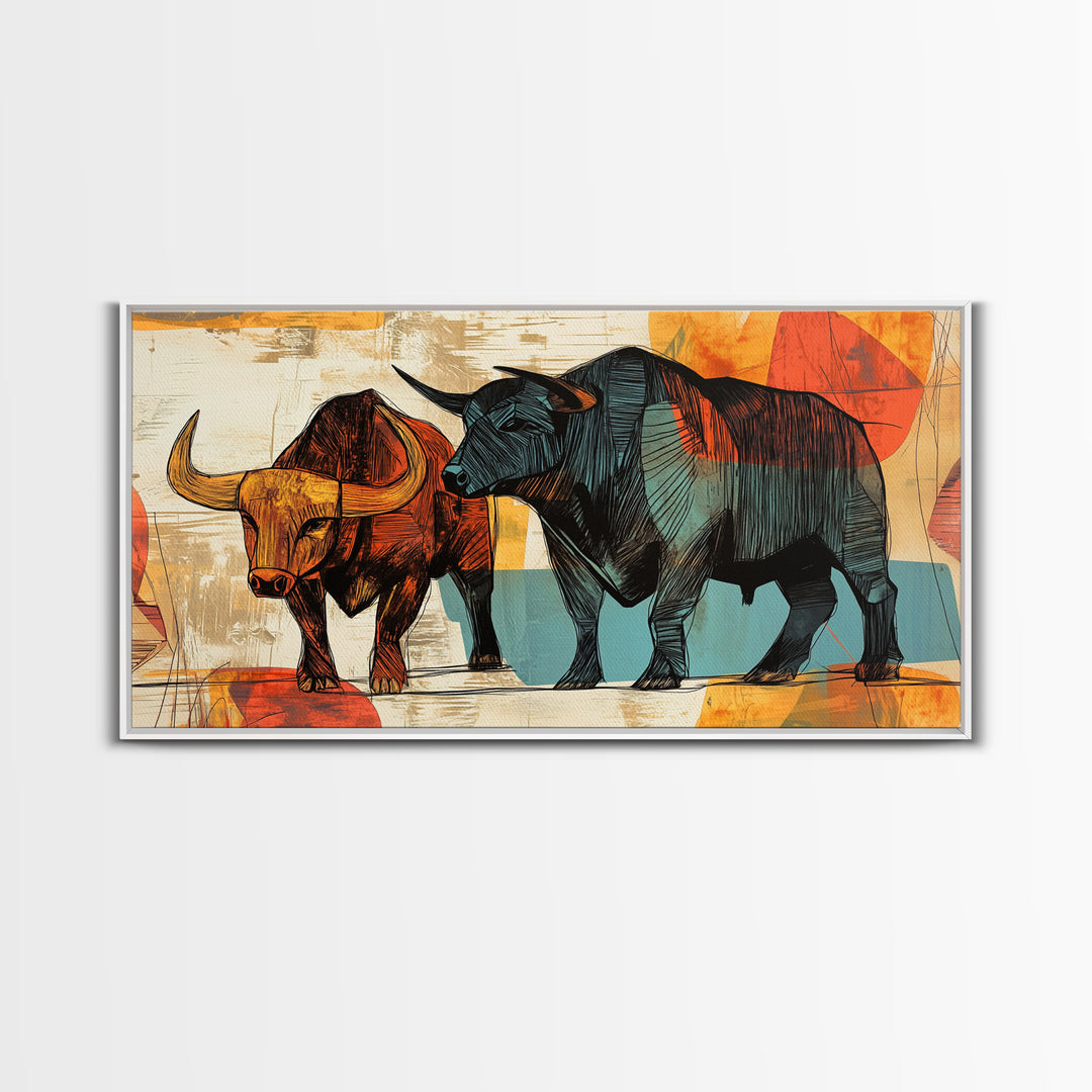 Abstract Bull Duo Framed Canvas Print Rustic Wall Art Geometric Bull Art Living Room Decor Bull and Bear Art Rustic Farmhouse Art