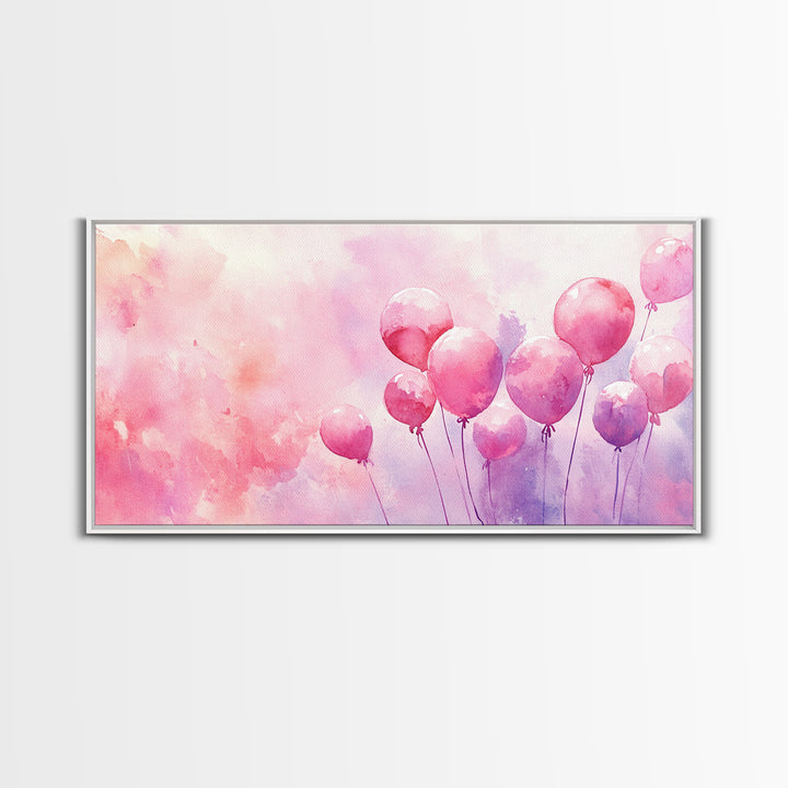 Pink Balloons Painting Framed Canvas Print, Whimsical Art Light Pink Wall Decor, Extra Wide Horizontal Wall Art Rustic Art Gift