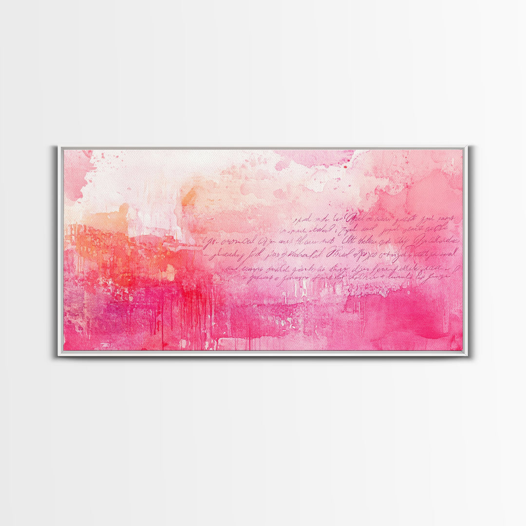 Abstract Pink Writing Framed Canvas Print, Light Pink Wall Art Chinoiserie Whimsical Decor, Rustic Wall Art Horizontal Gift Idea