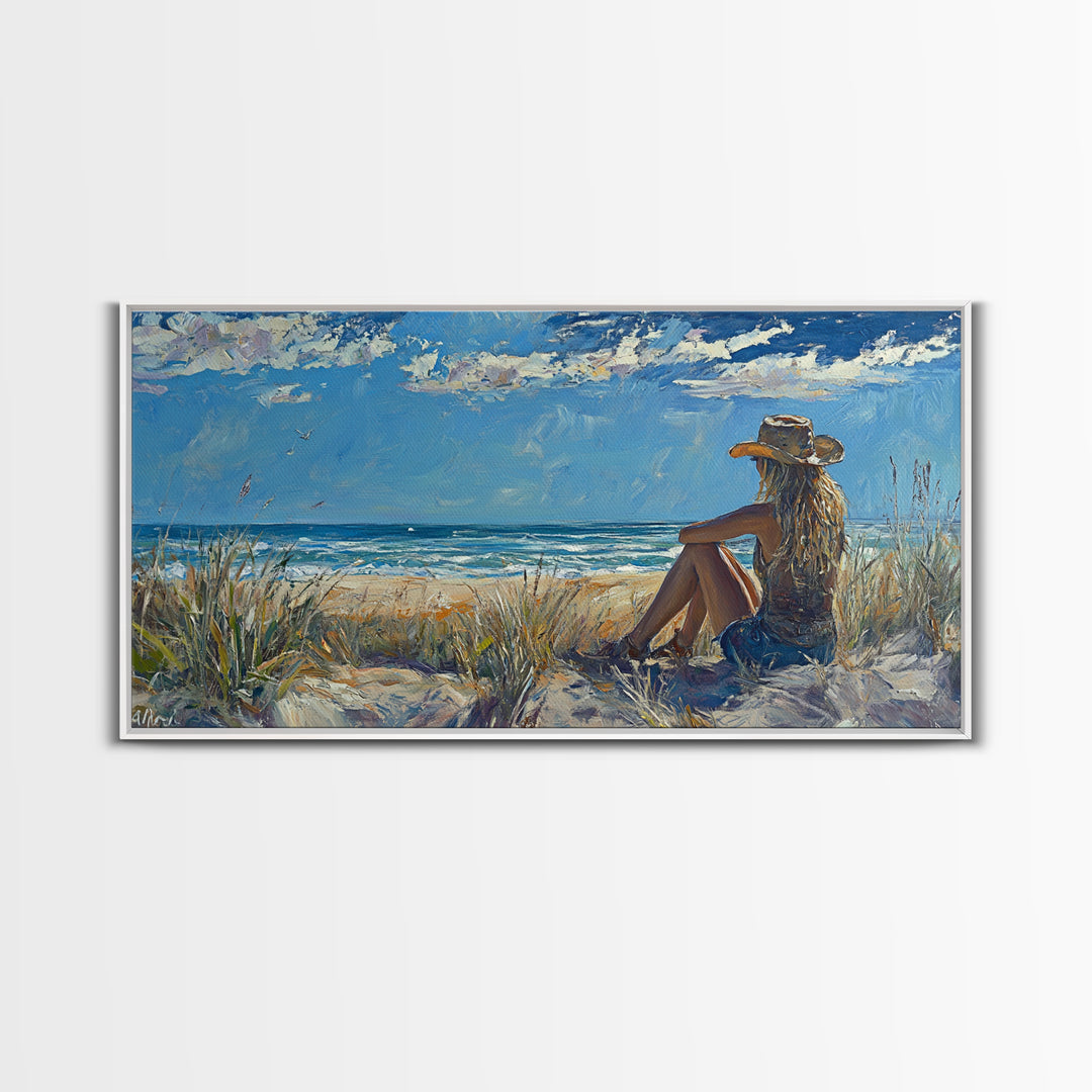 Coastal Cowgirl Framed Canvas Print Coastal Landscape Art Nautical Decor Ocean View Art Horizontal Wall Art Above Bed Wall Art