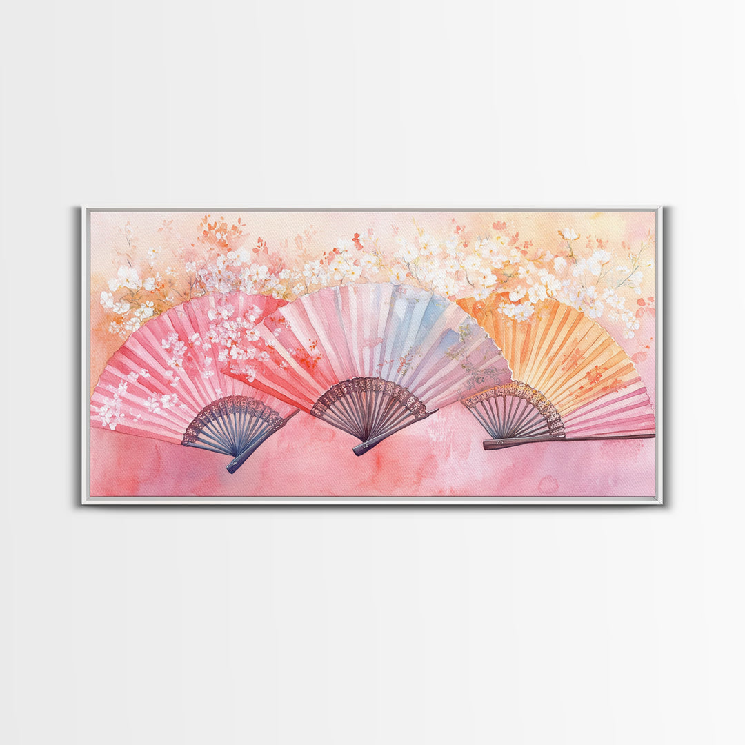 Cherry Blossom Fan Canvas Print Japanese Inspired Art Framed Pink Orange Wall Art Long Narrow Skinny Bedroom Rustic Spring Decor