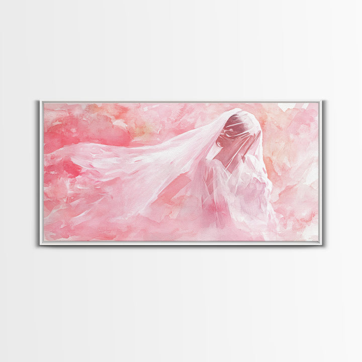 Delicate Veiled Woman Canvas Print Light Pink Wall Art Feminine Minimalist Art Bedroom Decor Above Bed Boho Art Gift Idea