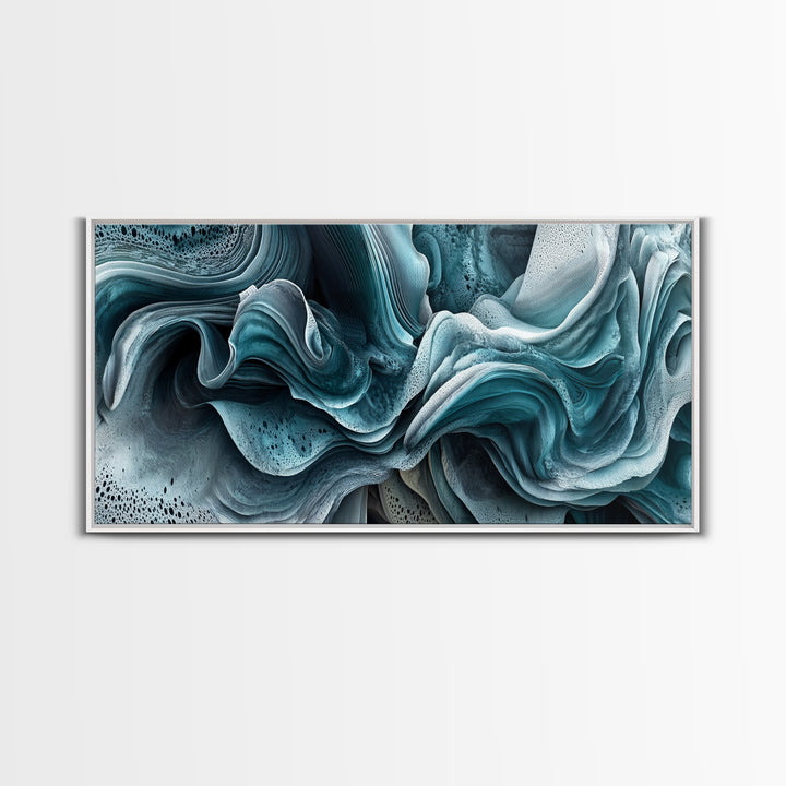 Blue Textured Wave Art Framed Canvas Print, Geometric Wall Art, Abstract Coastal Art, Sage Green Wall Art, Bedroom Art, Vertical Wall Art