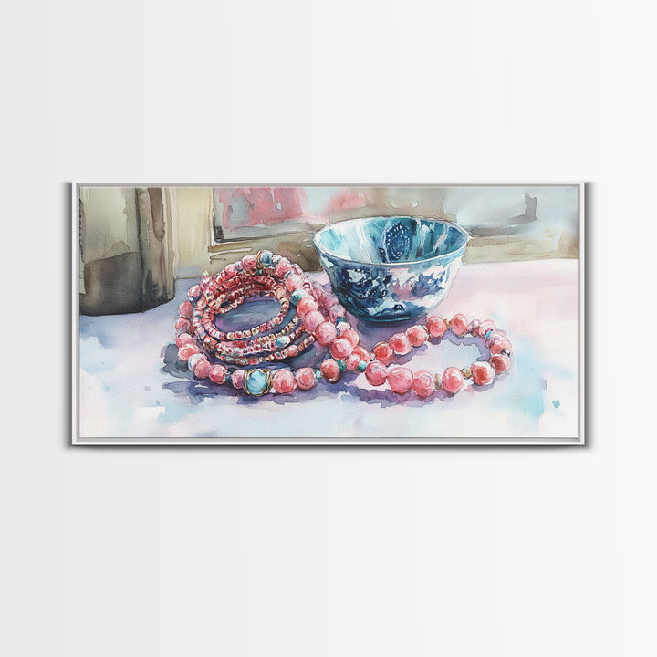 Beaded Necklace Canvas Print | Whimsical Boho Jewelry Wall Art | Pink and Blue Pastel Artwork | Feminine Room Decor | Gift Idea for Her