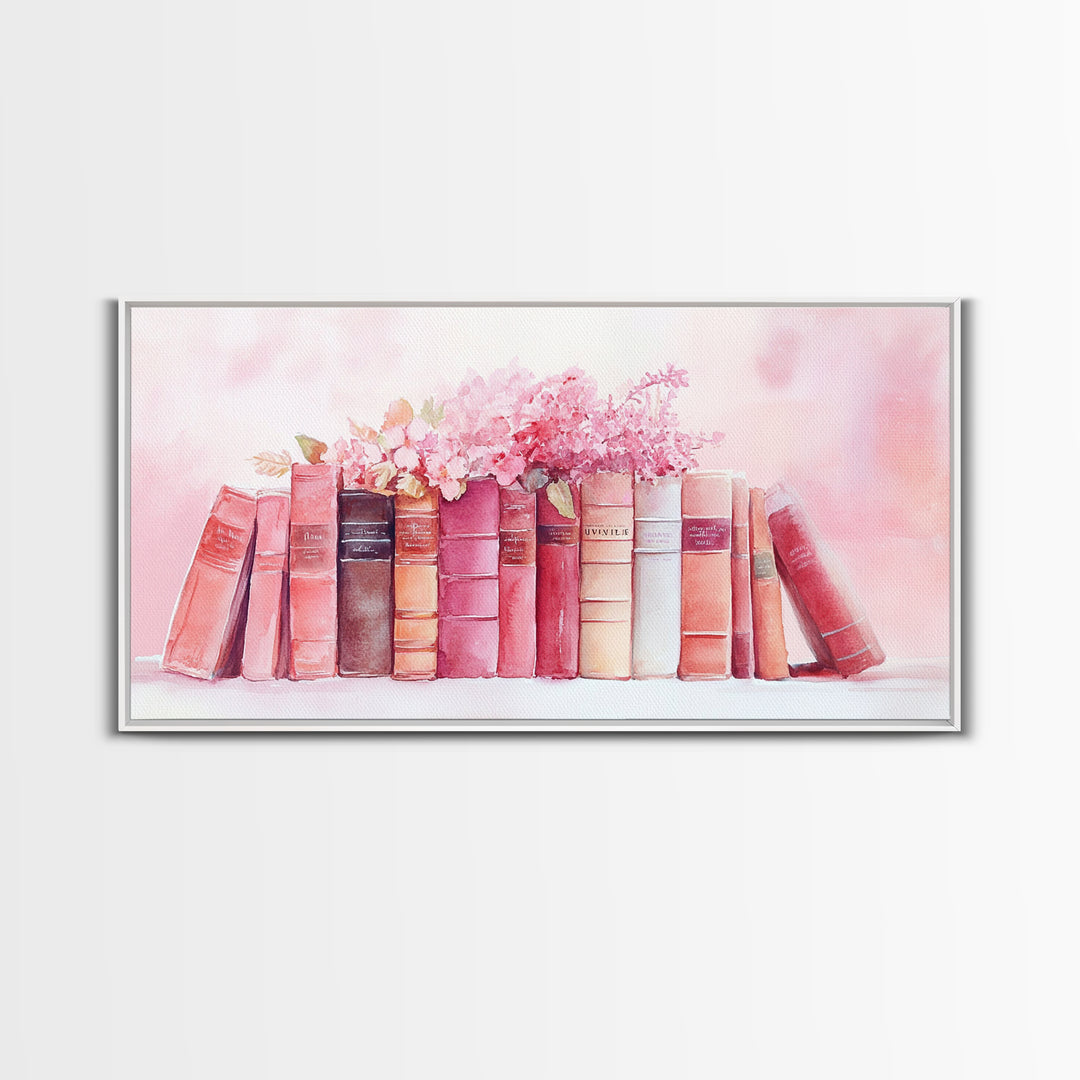 Vintage Book Stack Canvas Print | Botanical Pastel Wall Art | Cottagecore Library Decor | Feminine Reading Room Artwork | Gift Idea for Her
