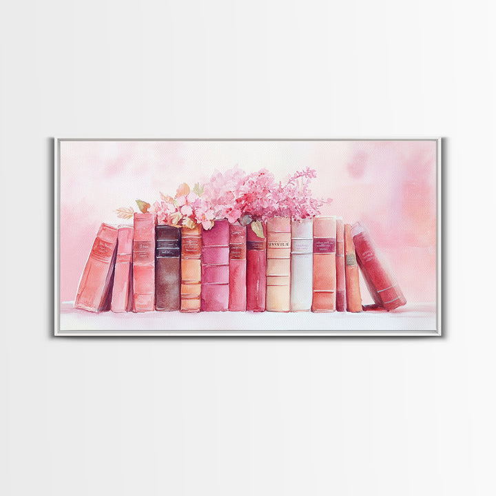 Vintage Book Stack Canvas Print | Botanical Pastel Wall Art | Cottagecore Library Decor | Feminine Reading Room Artwork | Gift Idea for Her